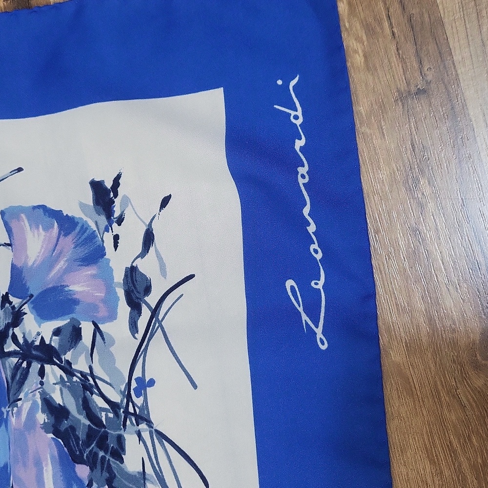 Vintage LEONARDI Blue Purple Floral Polyester Square Scarf - Picture 2 of 5